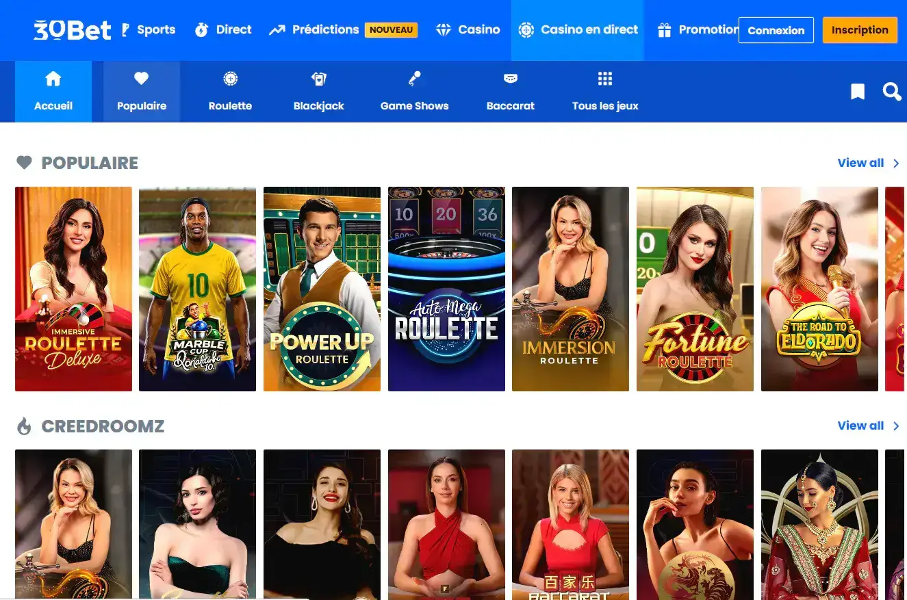 Ansicht der 30Bet Live-Casino-Lobby mit Dealer-Tischen