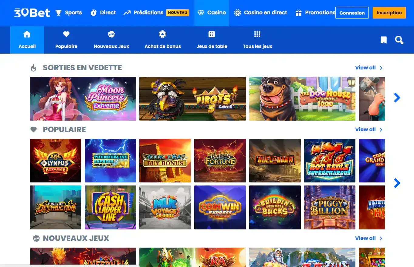 Ansicht der 30Bet Spielelobby mit Kategorien oder Providerfilter