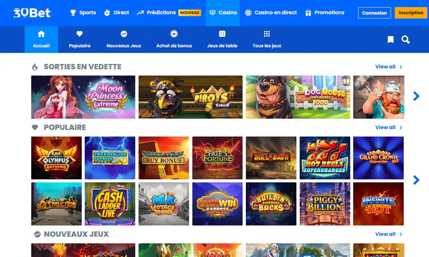Ansicht der aktuellen 30Bet Casino-Oberfläche mit Spiel- und Navigationsbereichen