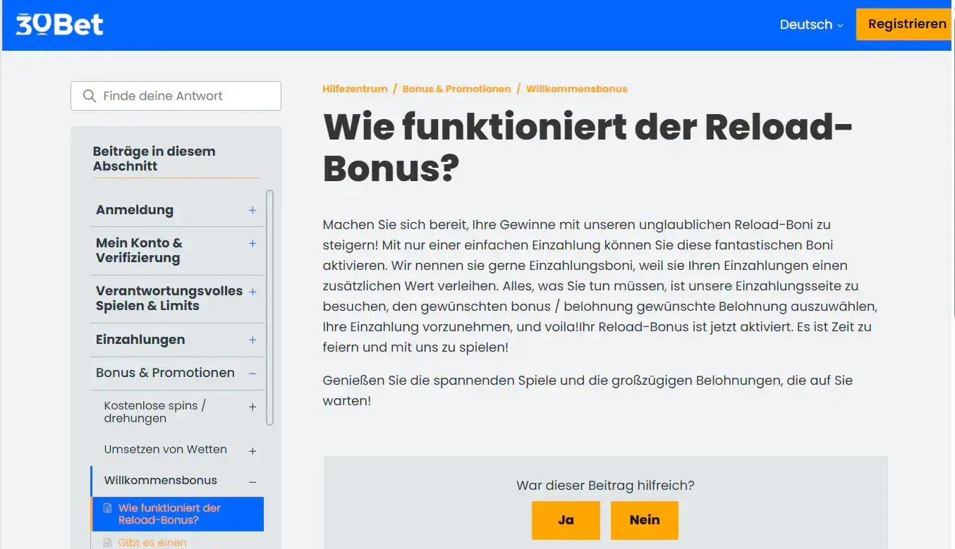 Ansicht der aktuellen 30Bet Bonus- und Promotionsansicht