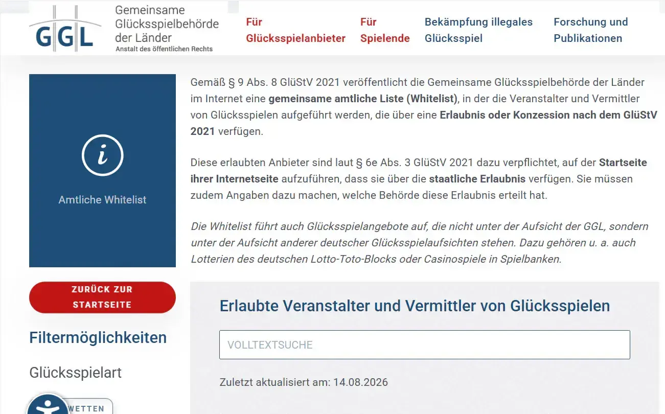 Ansicht der aktuellen amtlichen GGL-Whitelist mit Aktualisierungsdatum