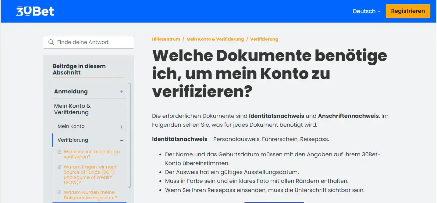 Ansicht der offiziellen 30Bet Seite mit KYC-Dokumentanforderungen