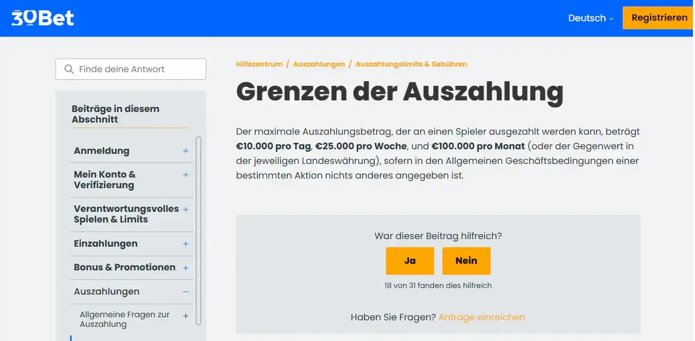 Ansicht der offiziellen 30Bet Help-Centre-Seite mit Auszahlungslimits