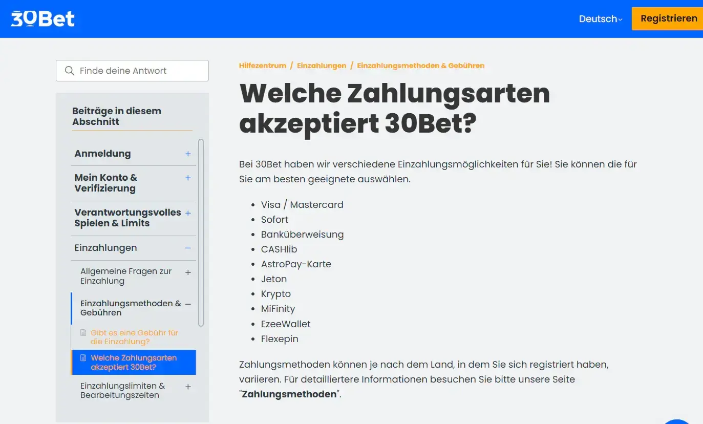 Ansicht der offiziellen 30Bet Liste der akzeptierten Zahlungsmethoden