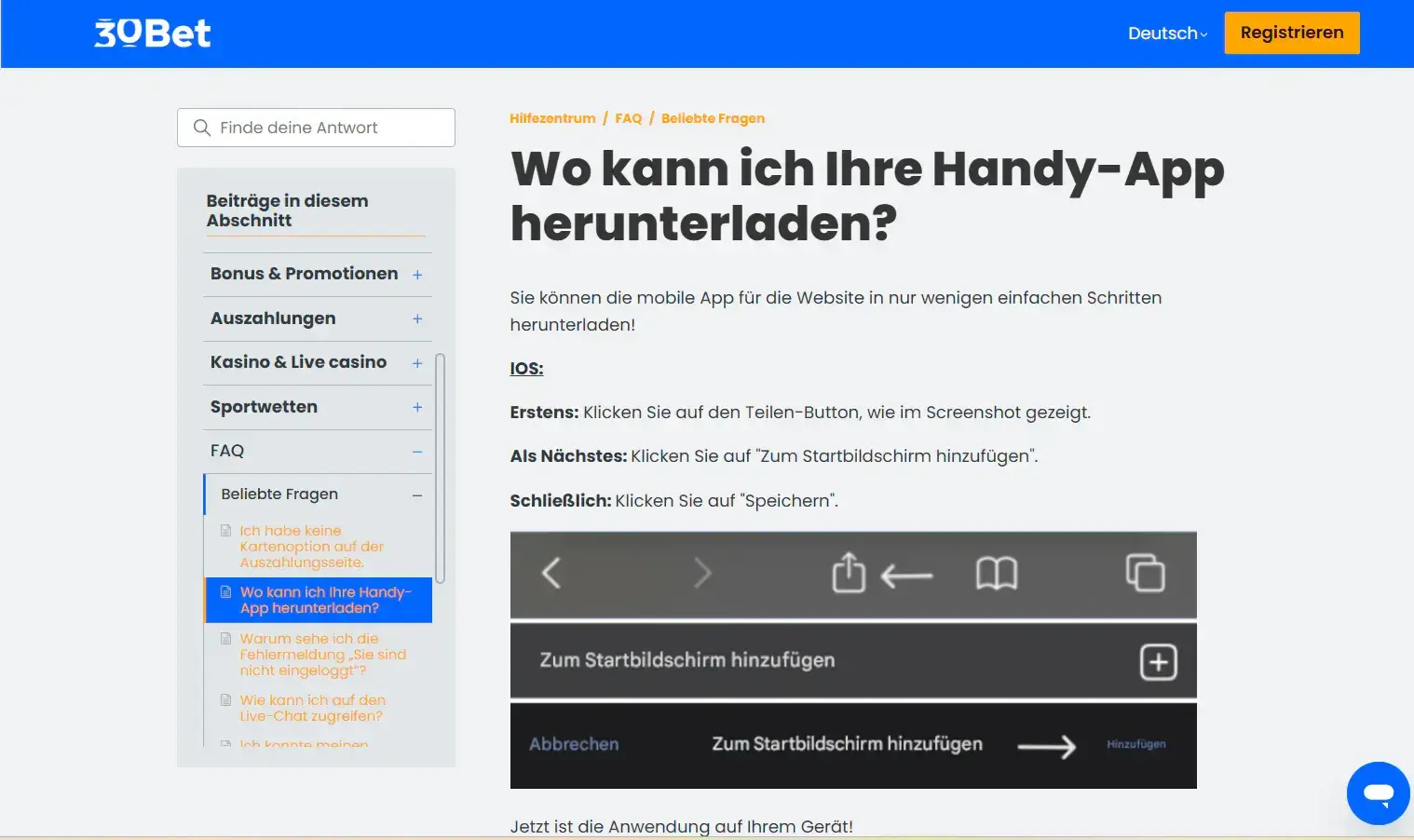 Ansicht der offiziellen 30Bet Anleitung zum Hinzufügen der mobilen Website zum Startbildschirm