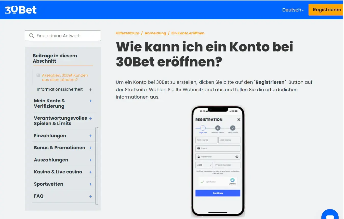 Ansicht des deutschsprachigen 30Bet Hilfezentrums mit Registrierungsbezug