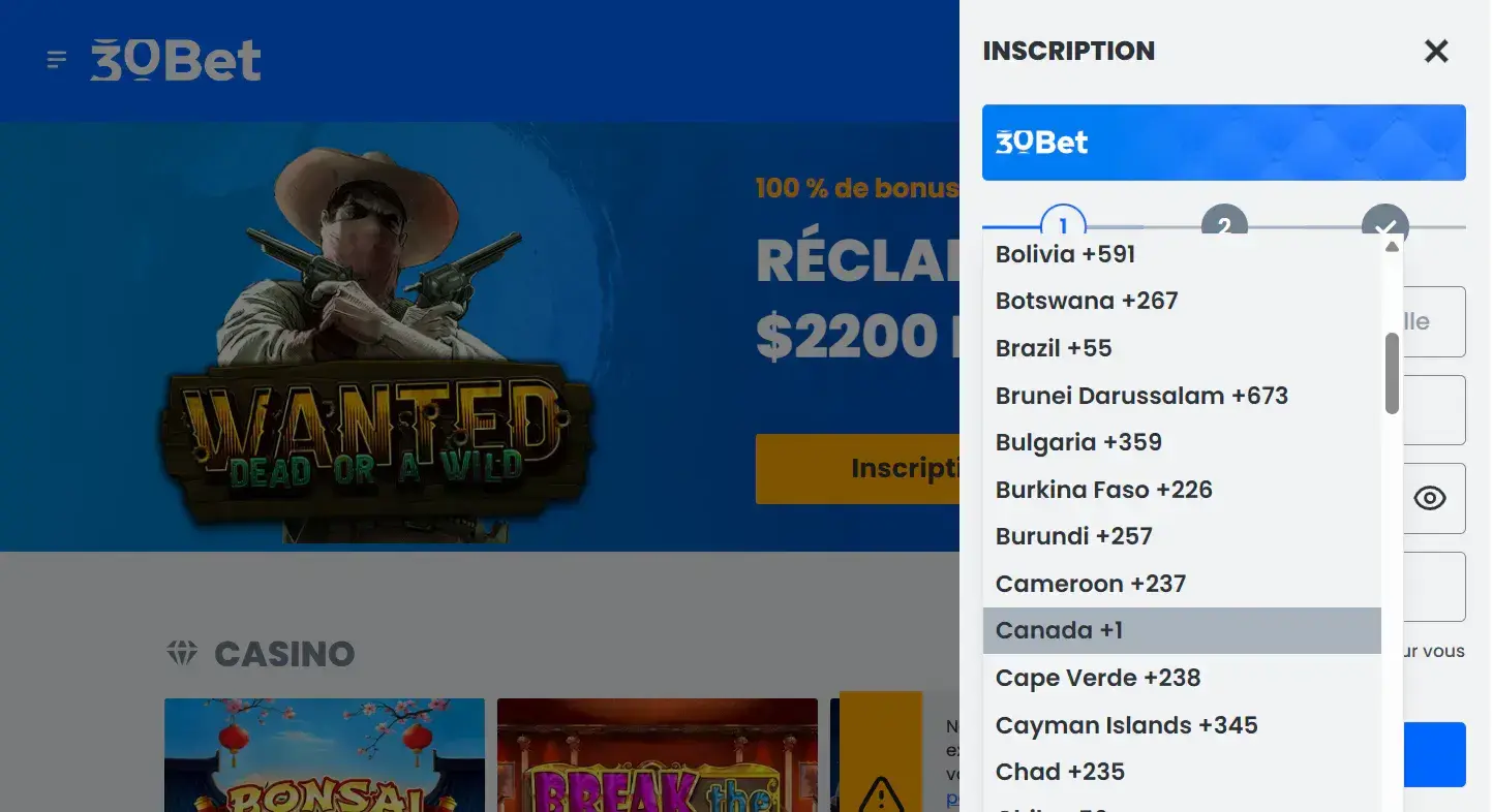 Vorgesehener echter gespeicherte Ansicht des 30Bet Registrierungsformulars mit Länder-Auswahl